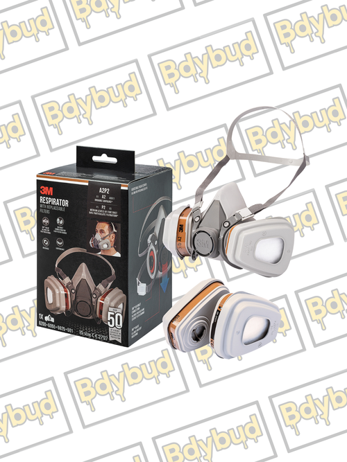 3M 6002 A2P2 respirator kit with 6055 gas filters, 5925 particulate filters and 501 retainers; medium mask shown